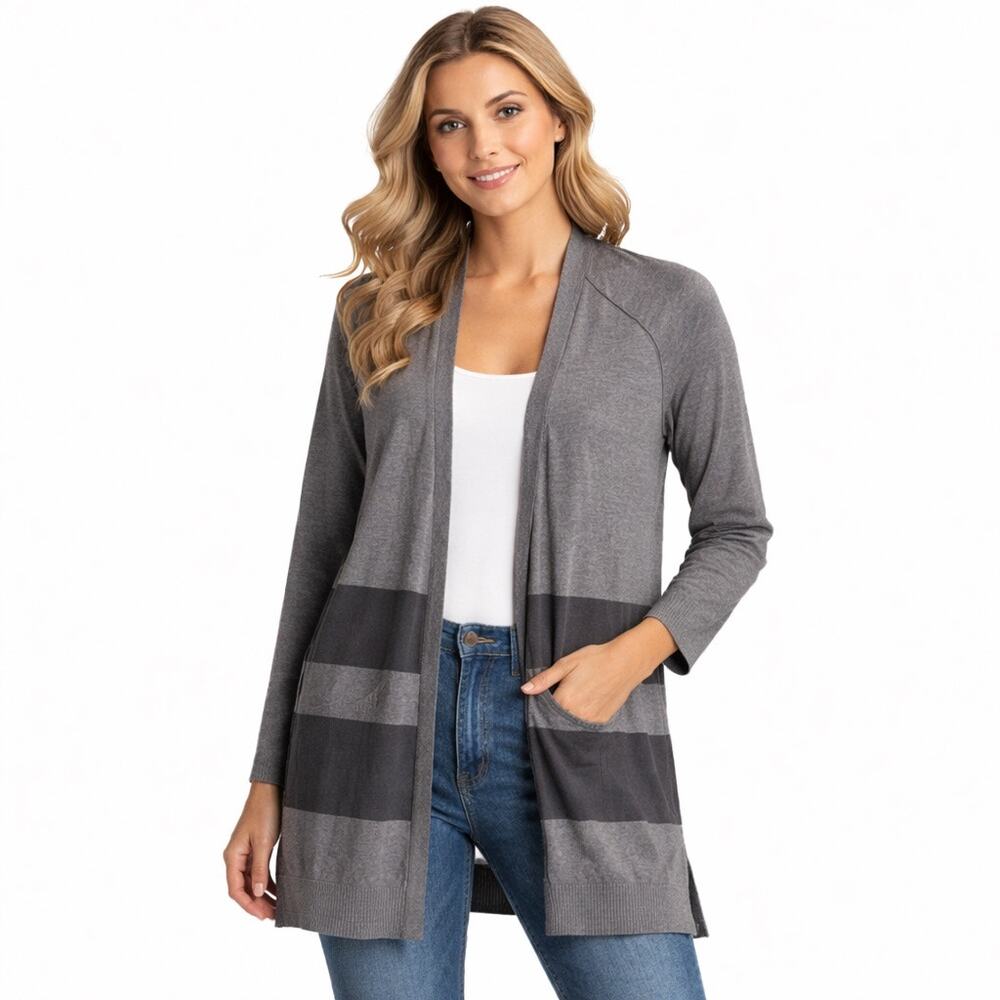 Pointelle Draped Cardigan Womens M Gray Charcoal Stripe Open Front EUC
